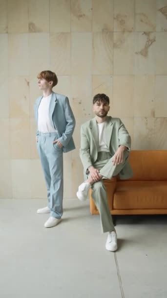 Koltuğun Yanında Duran Takım Elbiseli Iki Adam — Stok video