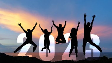 Silhouette happy business teamwork jumping congratulation and celebrate in Happy New year 2023 for change new life future concept. Freedom lifestyle group people team jump part of Number 2023 success clipart