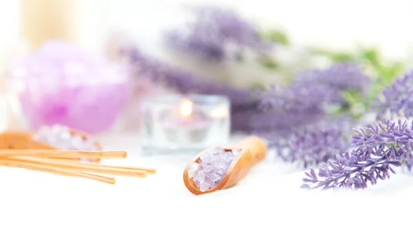 Soft and focus. Spa beauty massage health wellness background. Spa Thai therapy treatment aromatherapy for body woman with lavender flower nature candle for relax and summer time