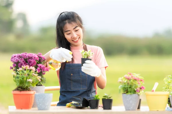 Giovane Donna Cura Pianta Fiore Giardino Asia Persone Hobby Giardinaggio — Foto Stock