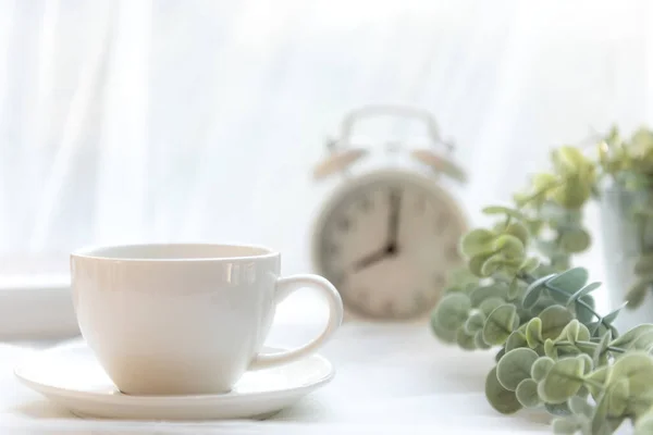 Выберите Фокус Кофе Утром Белая Чашка Горячего Кофе Отдыха После — стоковое фото