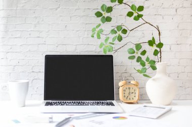 Dizüstü bilgisayarı ve grafikleri olan iş yeri şemaları ve kahve içeceğini finanse ediyor. Beyaz arka plan. İş Nesnesi Konsepti