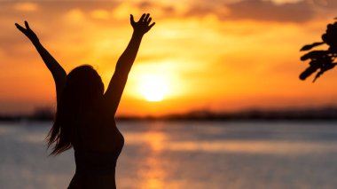 Siluet yaşam tarzı kadın yogası ve solucanlar sağlıklı yaşam için poz vermeden önce kollarınızı kaldırın. Genç kız ya da insanlar dengeli vücut pozu veriyor. Zen ve meditasyon egzersizleri ve spor. Sahilde günbatımında açık hava sporu.