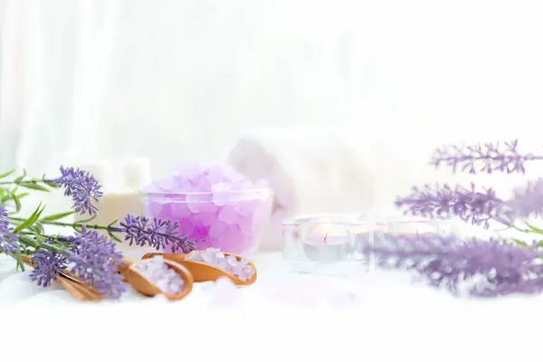 Soft and focus. Spa beauty massage health wellness background. Spa Thai therapy treatment aromatherapy for body woman with lavender flower nature candle for relax and summer time
