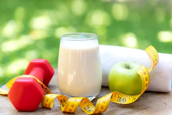 Close Milk Measure Tape Green Apple Tap Measure Diet Health Stock Image