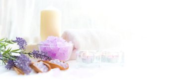 Soft and focus. Spa beauty massage health wellness background. Spa Thai therapy treatment aromatherapy for body woman with lavender flower nature candle for relax and summer time