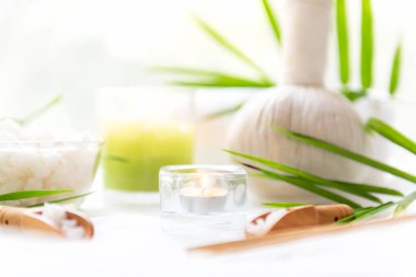 Tayland Spa Tedavisi aroma terapisi tuz ve şeker masajı, mum yapraklı, beyaz arkaplan