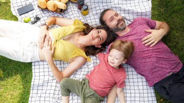 Yaz tatilinde parkta aile pikniğin kutlu olsun. Aile rahatlar ve dışarıda eğlenir. Aile ve Yaşam Tarzı Kavramı