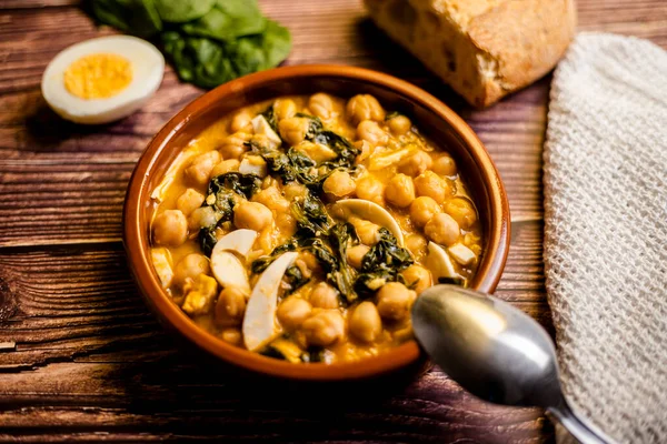Delicious Traditional Dish Chickpea Stew Spinach Eggs Stock Image