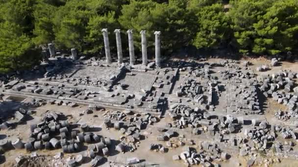 Widok Historycznych Ruin Kolumn Starożytnego Teatru Świątyń Starożytnym Mieście Priene — Wideo stockowe