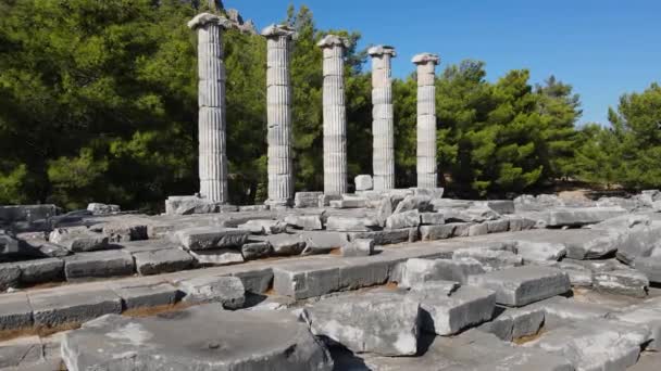 Вид Стародавні Руїни Колони Театр Храми Стародавньому Місті Приєні — стокове відео