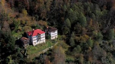 Tarihi köşkler. Yeşil ormanlar, ağaçlar ve çayırlar arasındaki tarihi köşkler. Ahşap ve taştan yapılmış eski konakların görüntüleri..