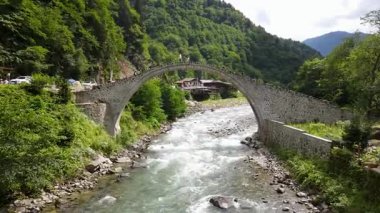 Ormandaki tarihi taş köprünün hava görüntüleri..