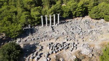 Antik Priene şehrinde tarihi kalıntıların, sütunların, antik tiyatro ve tapınakların görüntüleri.