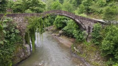 Ormandaki tarihi taş köprünün hava görüntüleri..