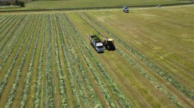 Makinelerin, kombinasyonların ve yeşil tarlalarda, tarım alanlarında çalışan kamyonların görüntüleri.