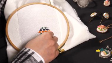 Geleneksel motifler, ahşap bir çemberin üzerine işlenmiş kumaşa işlenmiş. Etkileyici görünümlü ve renkli ipliklerle yapılmış el sanatları..