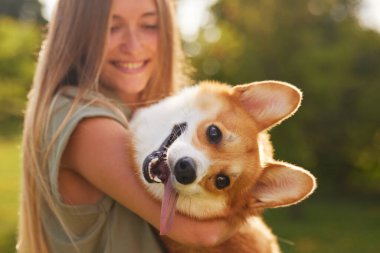 Genç bir kız neşeli ve komik bir Galli Corgi 'yi kollarında tutuyor. Güneşli bir havada, parkta. Mutlu köpek kavramı.