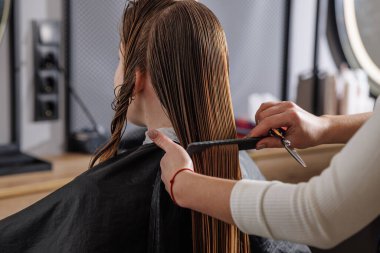 Güzellik ustası müşterinin ıslak saçlarını güzellik salonunda tarıyor. Yakın plan, kişisel bakım konsepti, profesyonel saç bakımı.