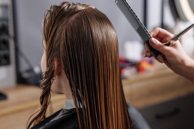 Güzellik ustası müşterinin ıslak saçlarını güzellik salonunda tarıyor. Yakın plan, kişisel bakım konsepti, profesyonel saç bakımı.