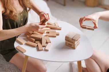 Evde tahta bloklardan yapılmış bir masa oyunu oynayan iki kadın, heyecan ve rahatlama, zihin geliştirme konsepti, el motor becerileri,