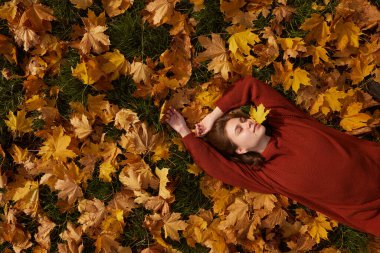 Parkta sıcak sonbaharın tadını çıkaran kız, merhaba sonbahar, sonbahar havası