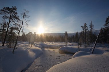 Güzel kuzey kutup kışı manzarası. Karlı orman ve donmuş göl, çok soğuk iklim.,