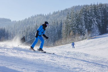 Mavi kıyafetli bir kayakçı, sonsuza dek yeşil ağaçlarla çevrili karlı bir yamaçtan nazikçe iner. Parlak kış güneşi manzarayı aydınlatıyor, güzel bir kış manzarası yaratıyor..