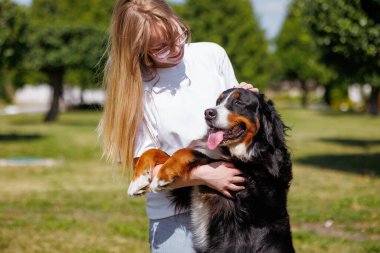Bir evcil hayvan sahibi güneşli bir günde yeşil bir uçan disk kullanarak köpekleriyle kovalamaca oynar ve dışarıda eğlenir.