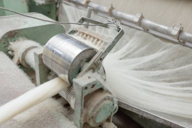Tekstil değirmenindeki bir kart makinesinde işlenmemiş yün lifleri, dönüşler için malzeme hazırlıyor..