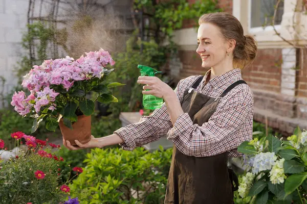 Önlüklü gülümseyen kadın bahçeye pembe çiçekler serpiştiriyor güneşli bahar gününde, yakın çekim manzarası.