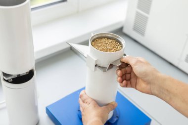 Laboratuvar ekipmanlarında buğday kalite analizinin kapanışı. Tarım testi, gıda güvenliği ve ekin araştırma konsepti.