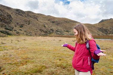 Andean Paramo 'sunda, Ekvador, Cuenca, tropikal And Dağları' ndaki Cajas Ulusal Parkı 'nda omuzlarını silken bir kadın yürüyüşçü kaybolmuş..