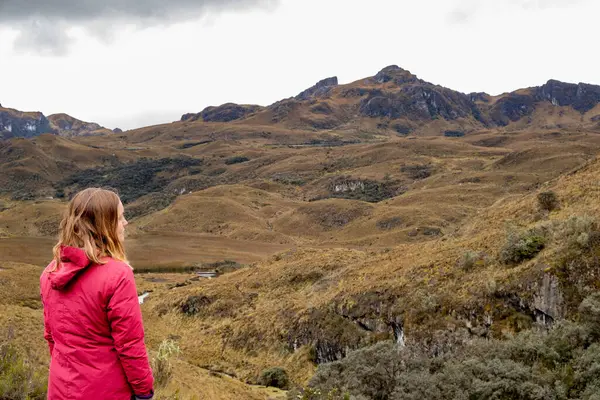 Bir Bayan Yürüyüşçü Sakin Bir Şekilde Ekvador Cuenca Tropikal Dağları — Stok fotoğraf