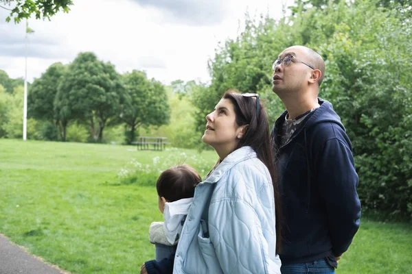 A multicultural family looking up at a tree with a curious expression while having a walk in Figgate Park in Edinburgh in spring time. The mother is carrying her infant son with a baby carrier.