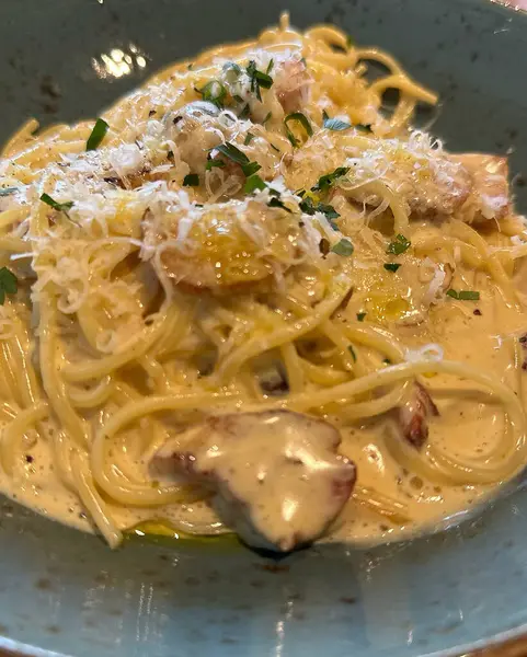 Somon soslu makarna, peynir ve parmesan peyniri.