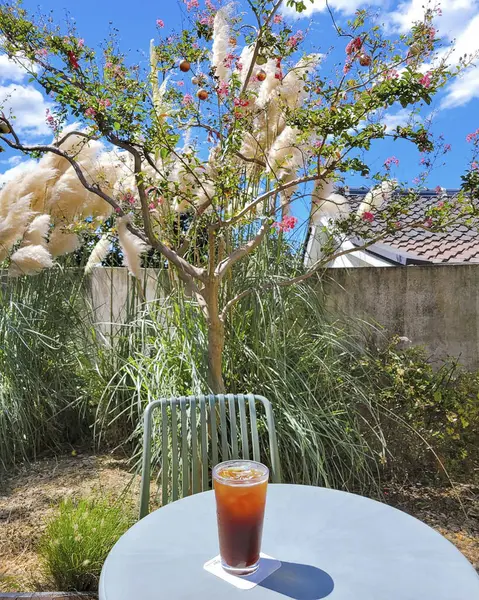 Bahçedeki masada bir fincan kahve.