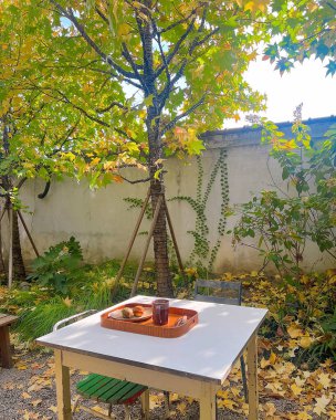 Beyaz sandalyeli tahta bir masanın dikey görüntüsü ve arka planda bir ağaç.