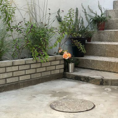 Beyaz tuğlalı eski paslı metal kapı.