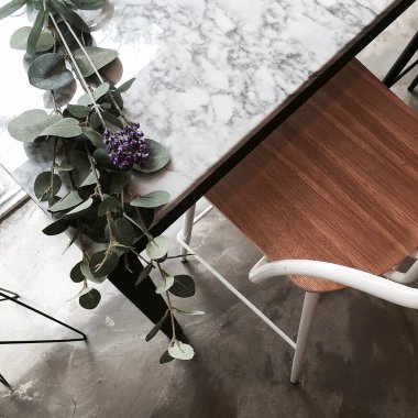 Modern bir masa, bir fincan kahve ve ahşap bir arka planda bitki.