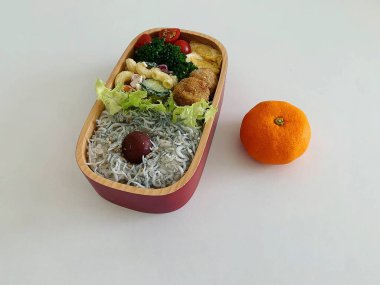 pirinç eriştesi, tavuk, sebze, tavuk ve tavuk yumurtası kutuda, gri arka planda.