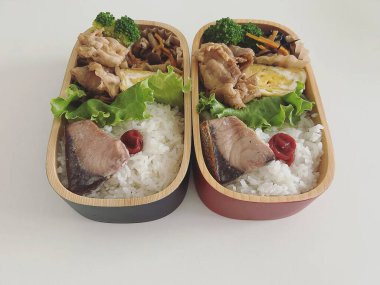 Japon yemek kutusu, pilav ve balık.