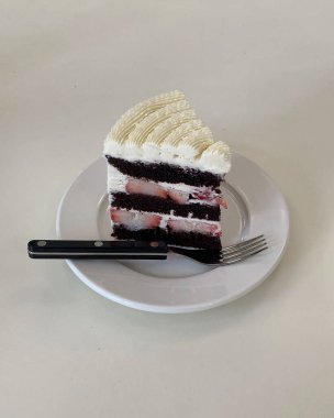 Bir parça çikolatalı kekin dikey görüntüsü.