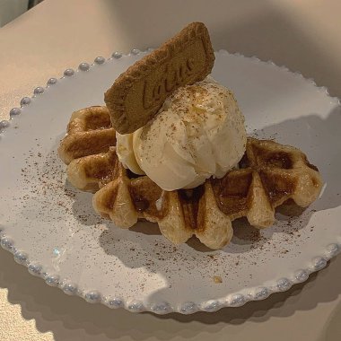 Beyaz tabakta waffle ile çikolatalı dondurma.