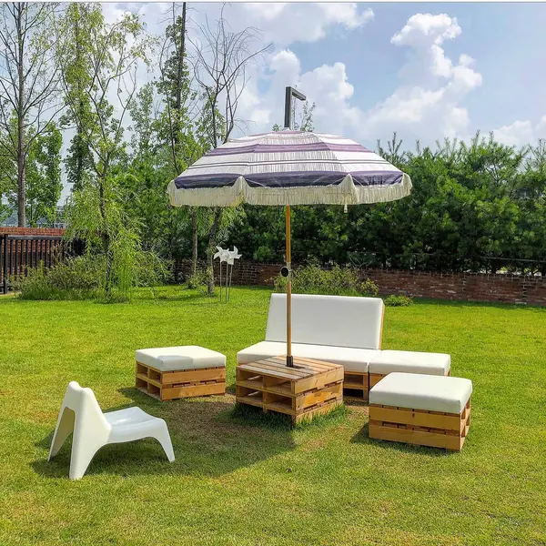 Bahçedeki bir evin modern iç mekanı.