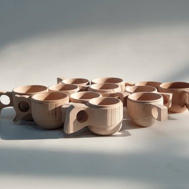 Beyaz arkaplanda ahşap masa takımı.