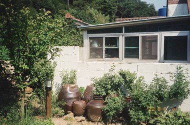 Bitkileri ve çitleri olan büyük bir bahçe.