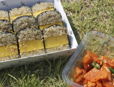 pirinç ve balık dolu bir kutu.