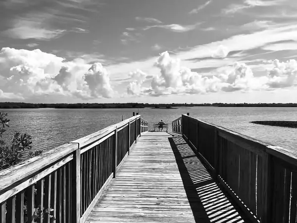 Göldeki sahil yürüyüşünün gri tonlu görüntüsü.