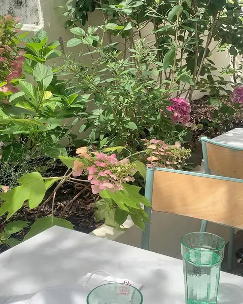 Yeşil bitkiyle beyaz bir masanın dikey görüntüsü.